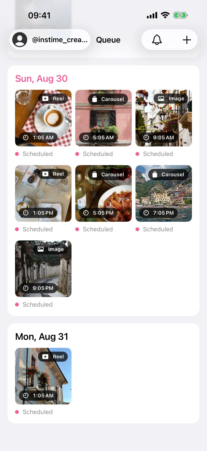 Instime queue showing scheduled Reels, carousels, and image posts